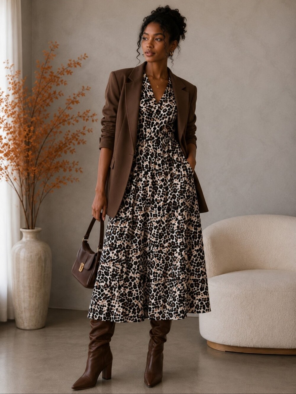 Karen Millen Leopard-Print V-Neck Midi Dress in Brown and Cream
